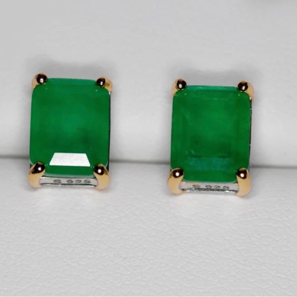 Emerald Emerald-Cut Stud Earrings - Sterling Silver Gold Plated